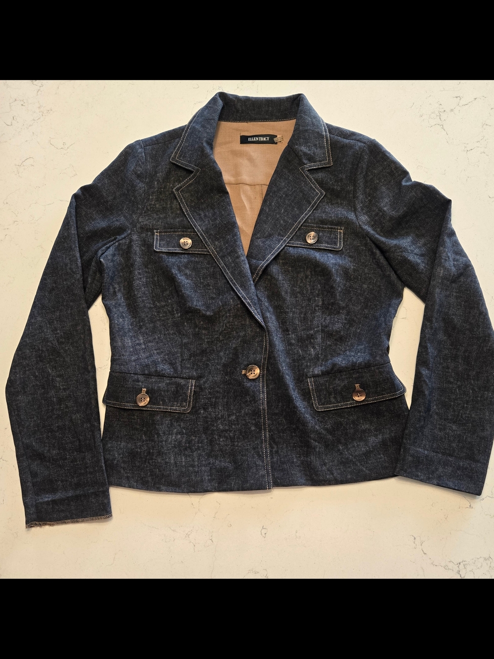 Ellen Tracy Faux Denim Contrast Stitch Stretch Blazer Jacket Blue Size 14
